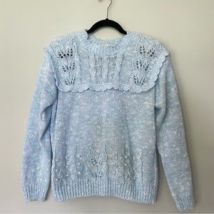 Vintage Ashley S. Pale Blue Knit Scalloped Sweater w/Pearls-Size Large-Cottage